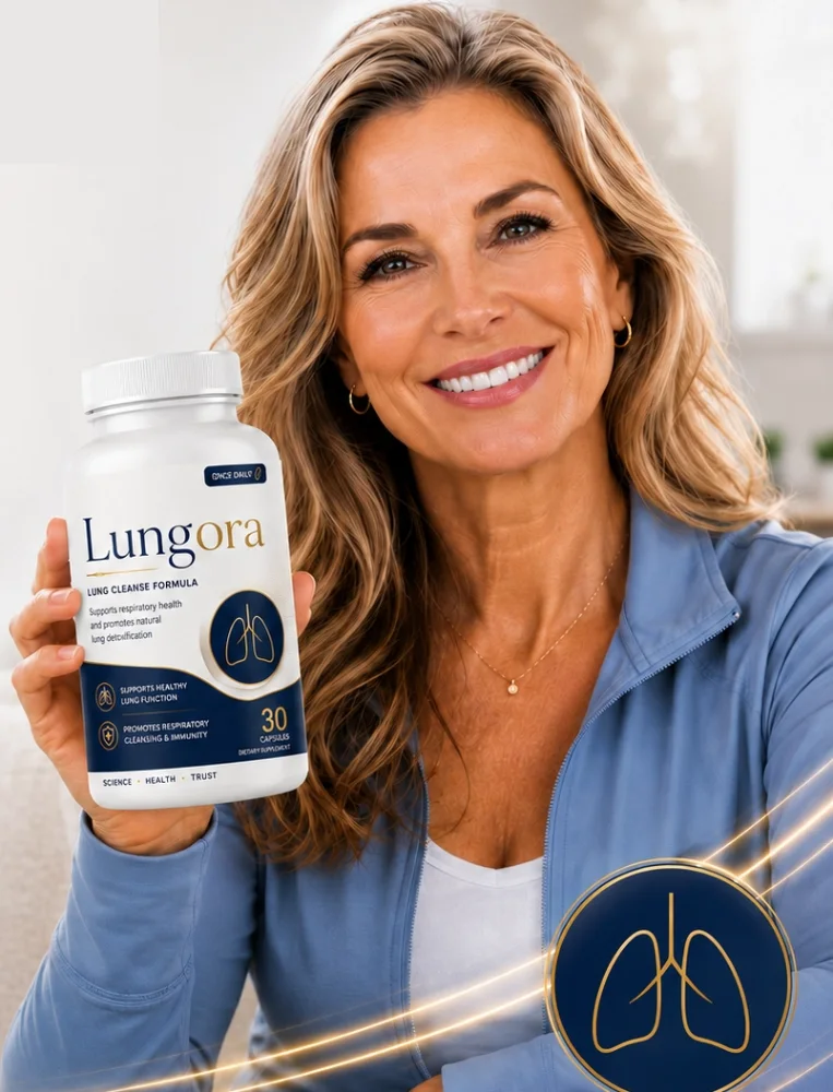 Smiling woman in her fifties holding a bottle of Lungora